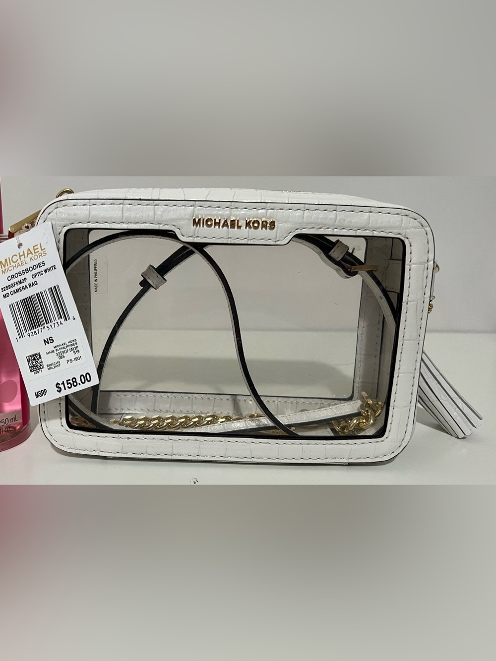 Michael Kors Croc-Embossed Clear Crossbody in Off-White with Gold Hardware